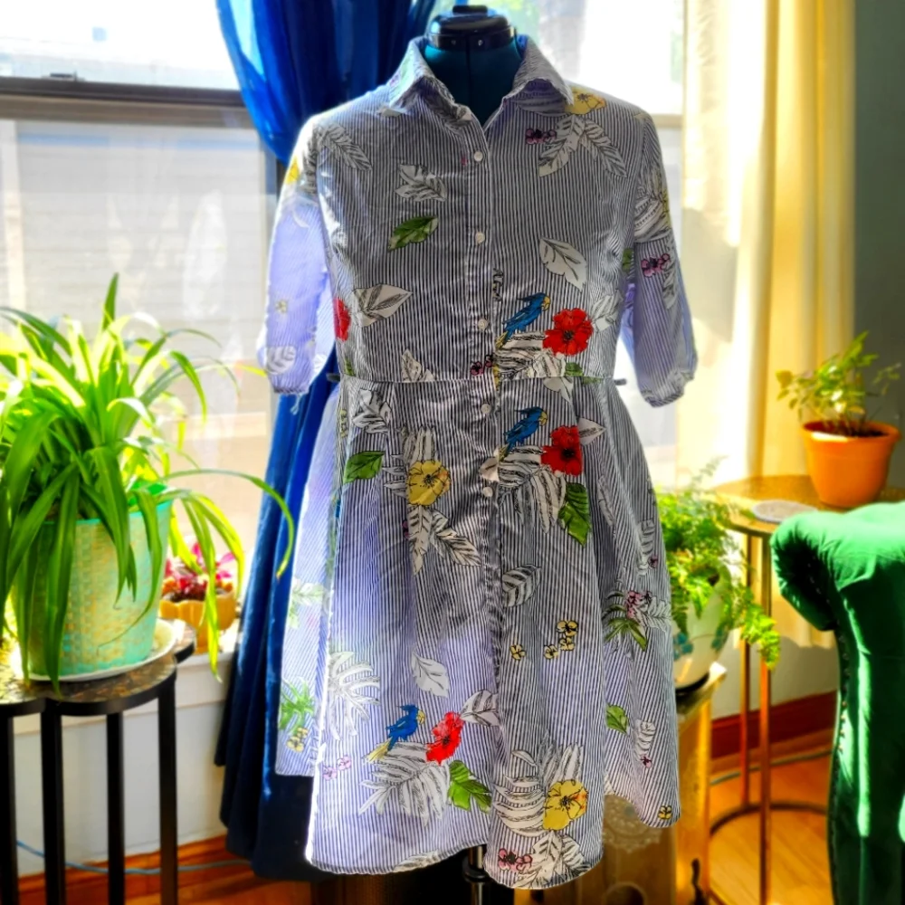 Striped Floral Button-Front Shirt Dress with Bird Print - Blue/White - Picture 1 of 4